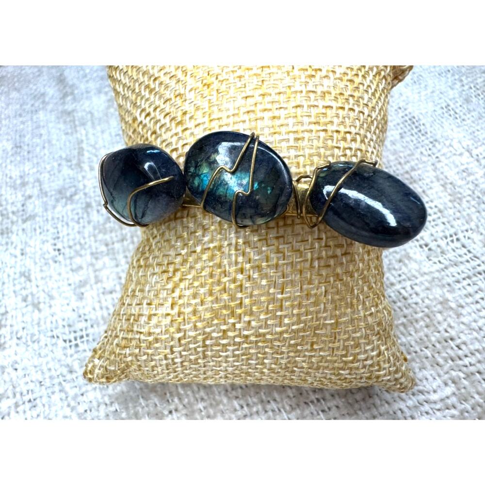 NEW Labradorite Upcycled Vintage Brass Cuff Bracelet Wire Wrapped Crystals